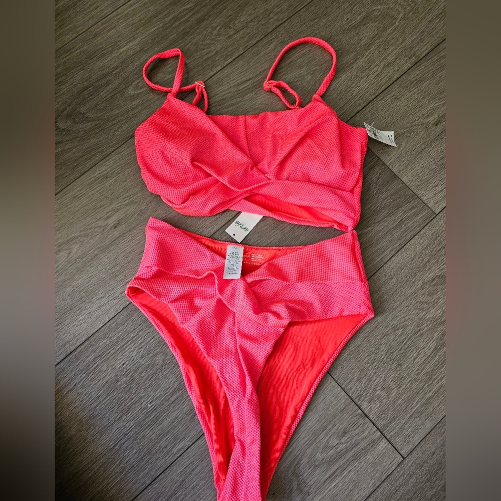 aerie Neon Coral Textured High-Waist Bikini Set